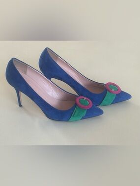Classic J. Crew Blue Suede Pointed-Toe Pumps with Green Accent and Pink Buckle